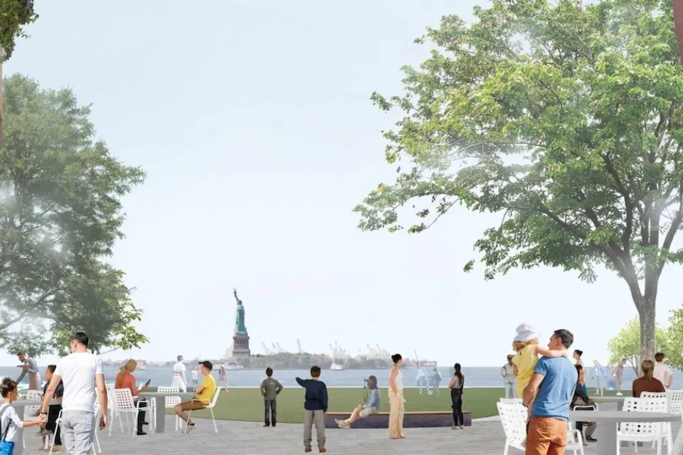 Rendering of pedestrian promenade in Battery Park City with Statue of Liberty visible in background.
